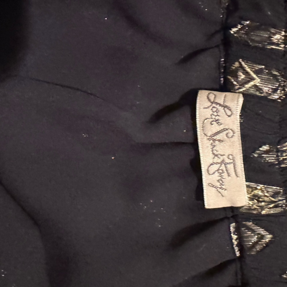 LOVESHACKFANCY MINI SKIRT Size small- black with gold tiered ruffled silk skirt - Picture 2 of 3